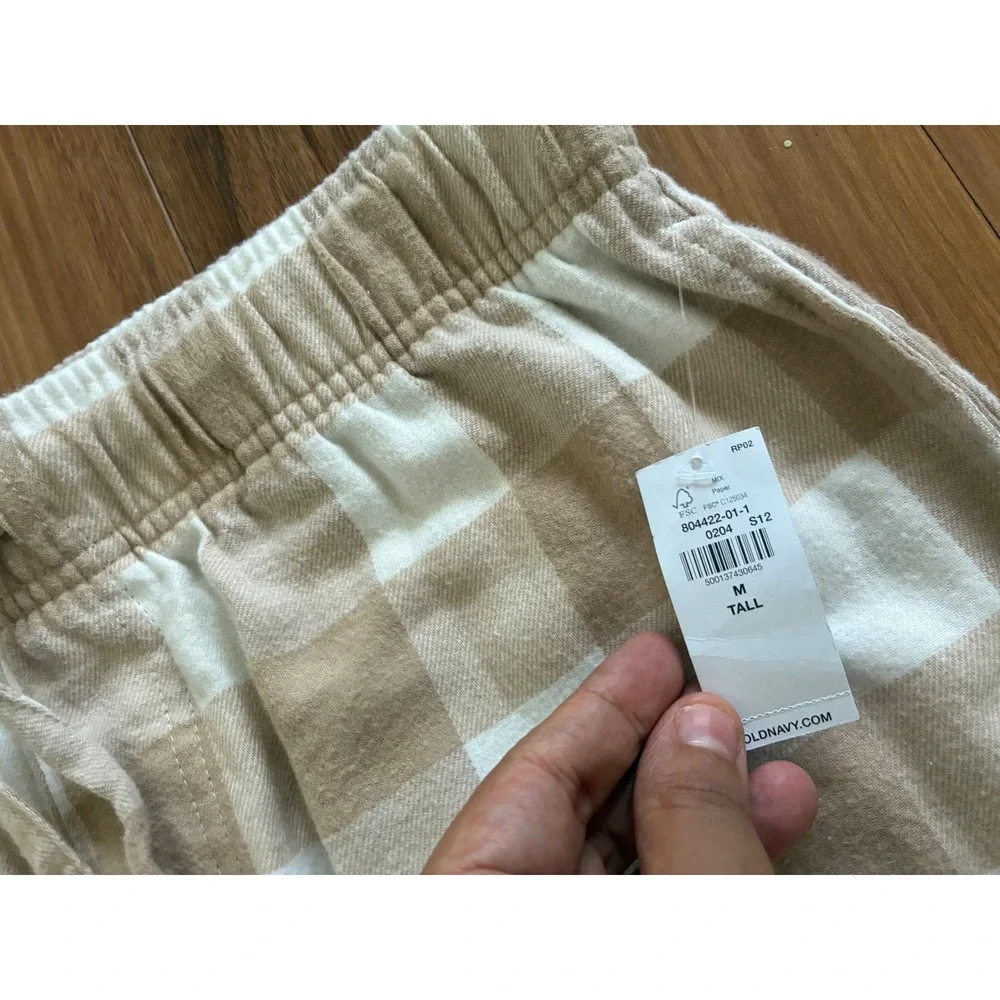 Old Navy Womens Tan White Buffalo Plaid Flannel Pajama Pants M Tall Minimalist